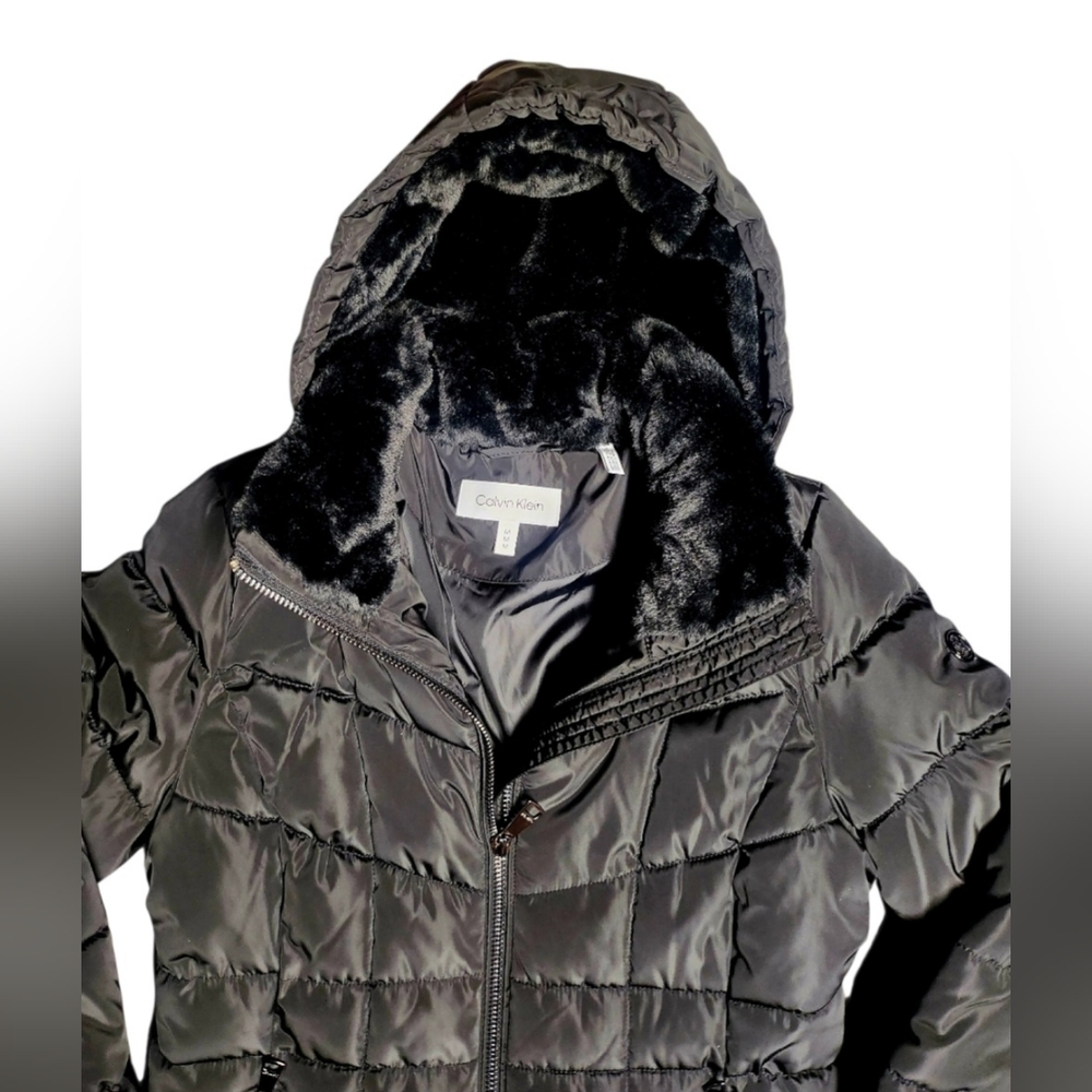 Women Calvin Klein Hooded Stand Collar Long Puffer Coat Black Medium MSRP $285 - Picture 8 of 16